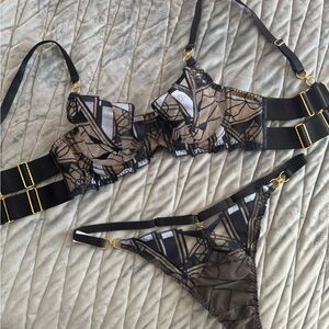 Bordelle Cubism Set Blue Black and Gold Bra and Thong